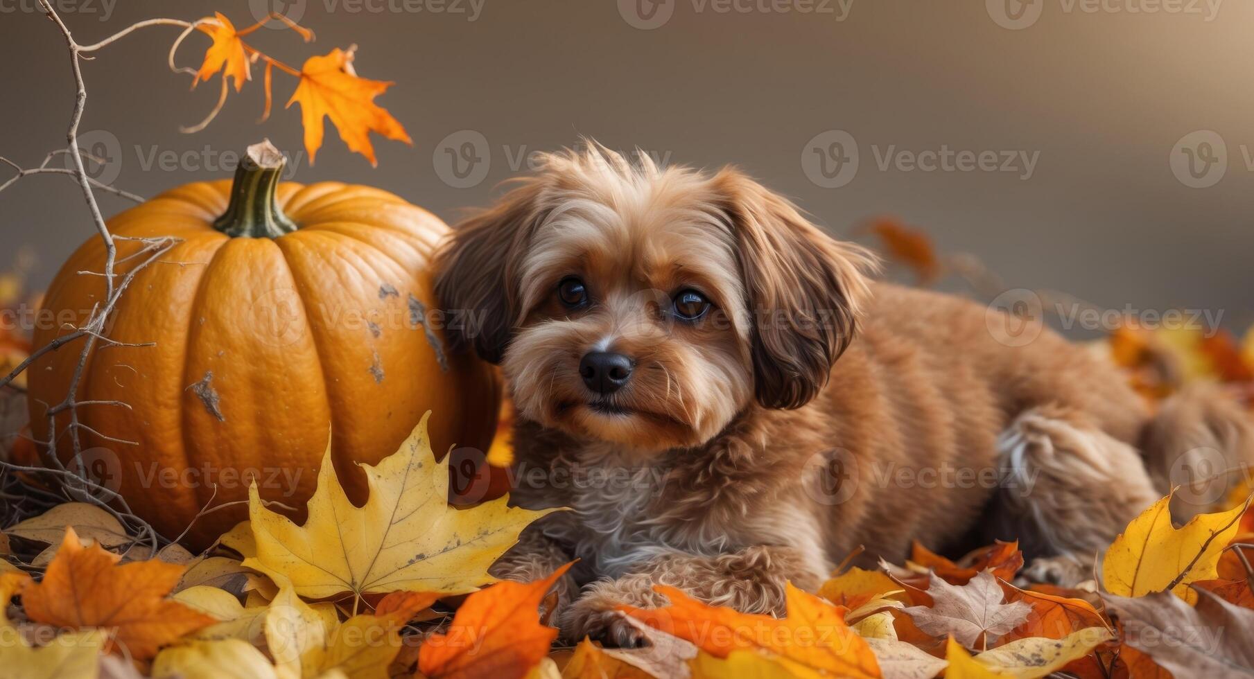 Small brown dog lying in autumn leaves next to a pumpkin photo