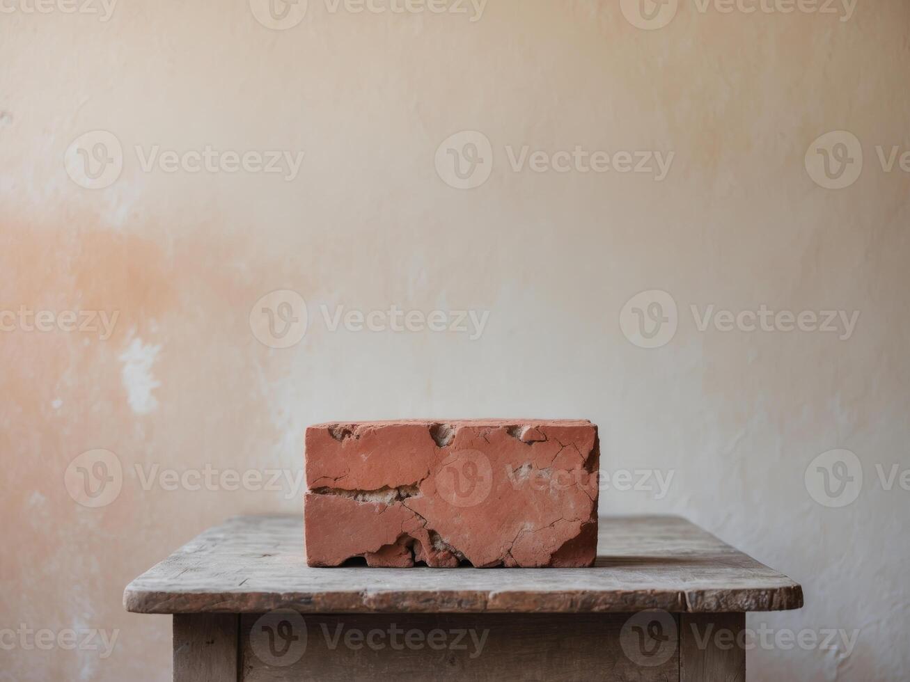 A brick is sitting on a table in front of a wall photo