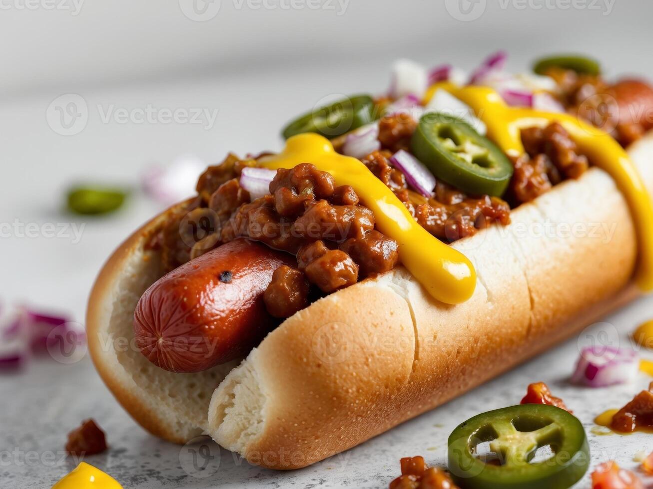 Appetizing Chili Cheese Hot Dog with Mustard and Toppings A Delicious Fast Food Meal photo