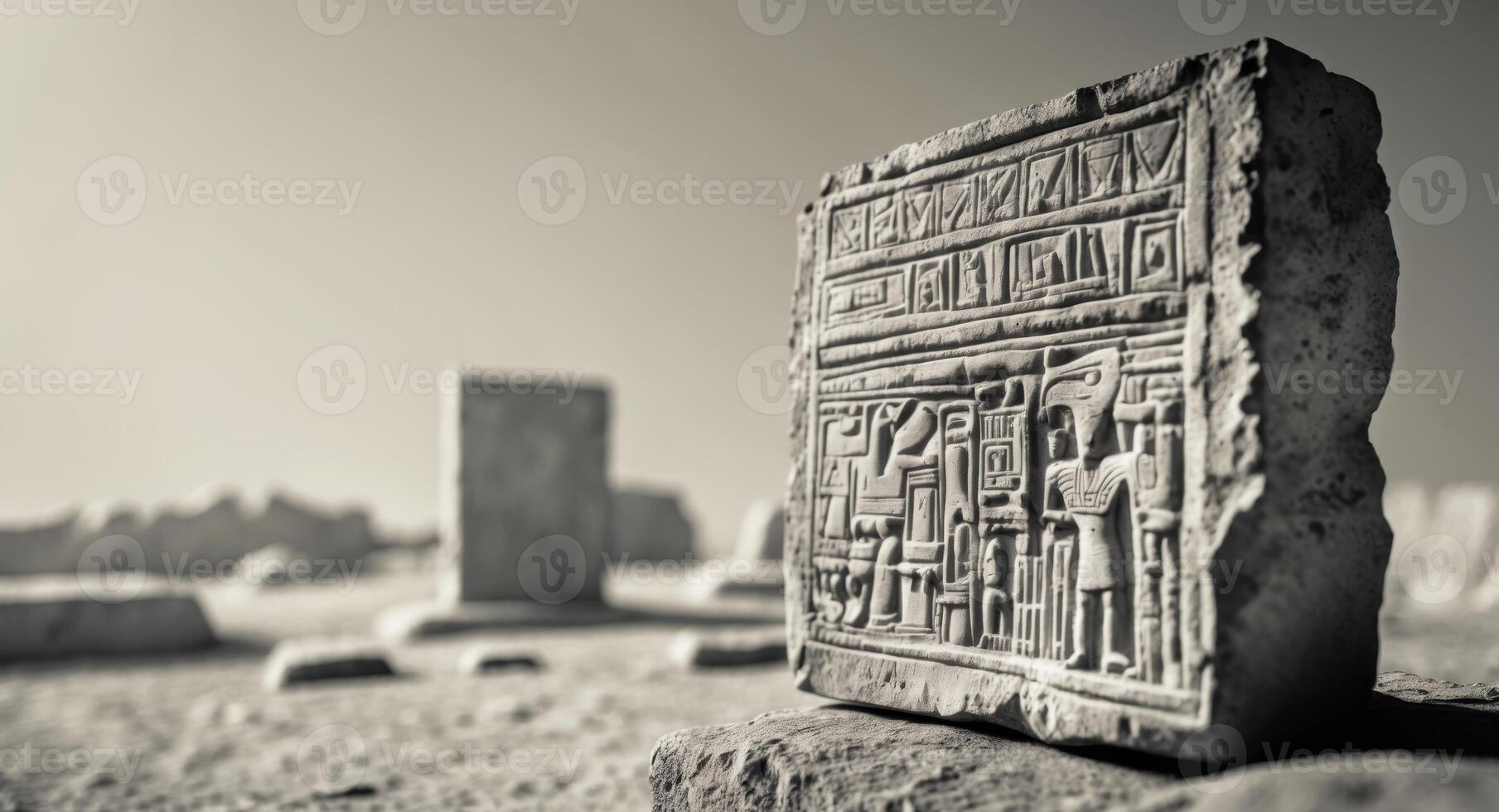 Archaeological site with ancient artifacts and hieroglyphic carvings photo