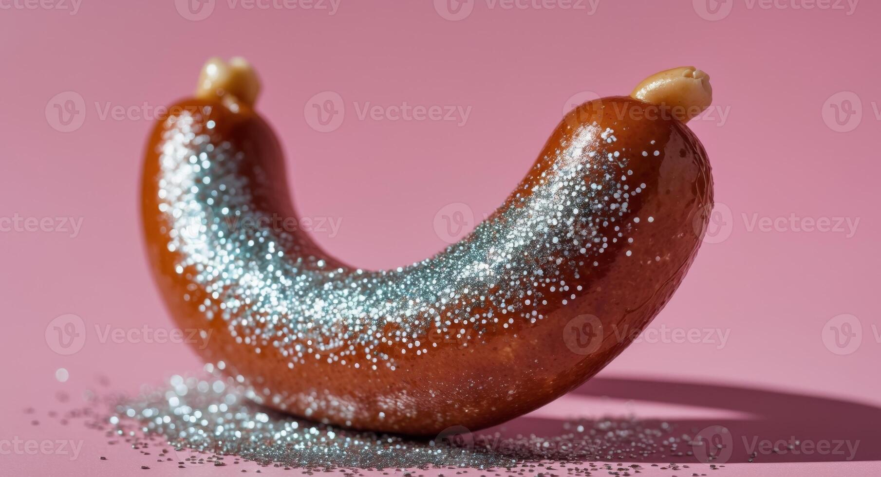 Fried sausage with decorative glitter on a pink background showcasing a unique culinary concept and playful food presentation photo
