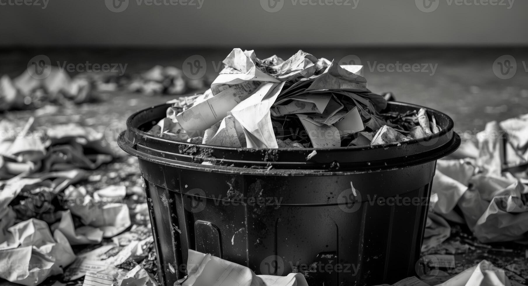 Overflowing Black Trash Can with Crumpled Paper Shot Close Up photo