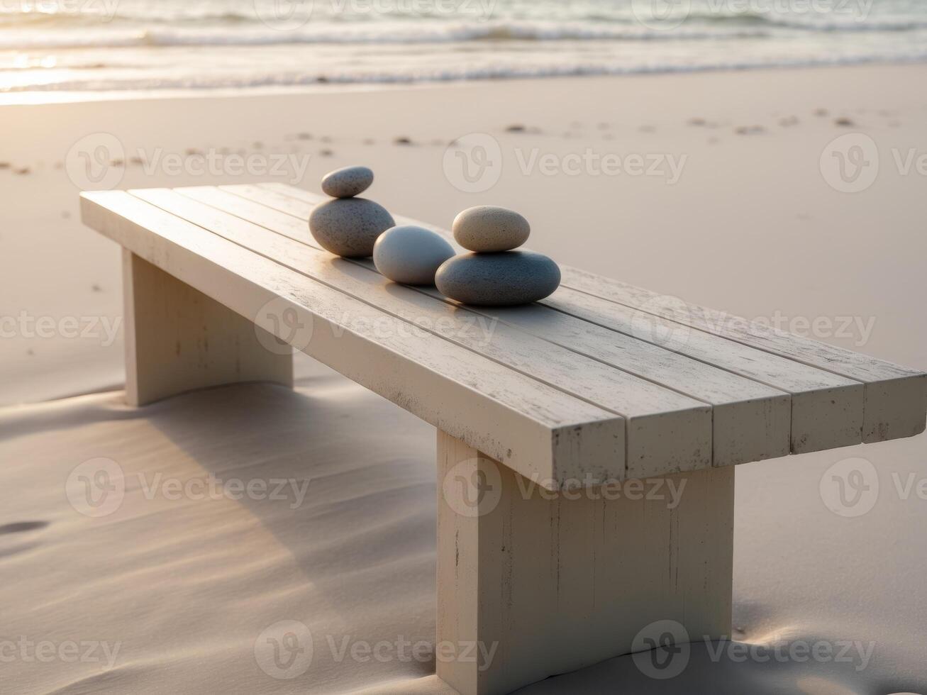 Elegant Wooden Bench with Balanced Stones on Serene Beach in Soft Natural Light photo