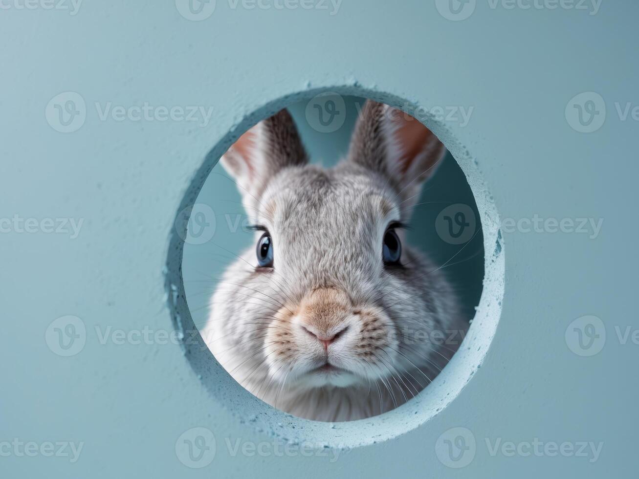 Curious rabbit peeking through hole in light blue background. photo