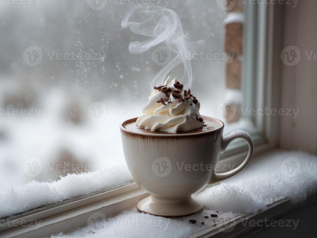 A cup of hot chocolate is sitting on a windowsill with snow falling outside. photo