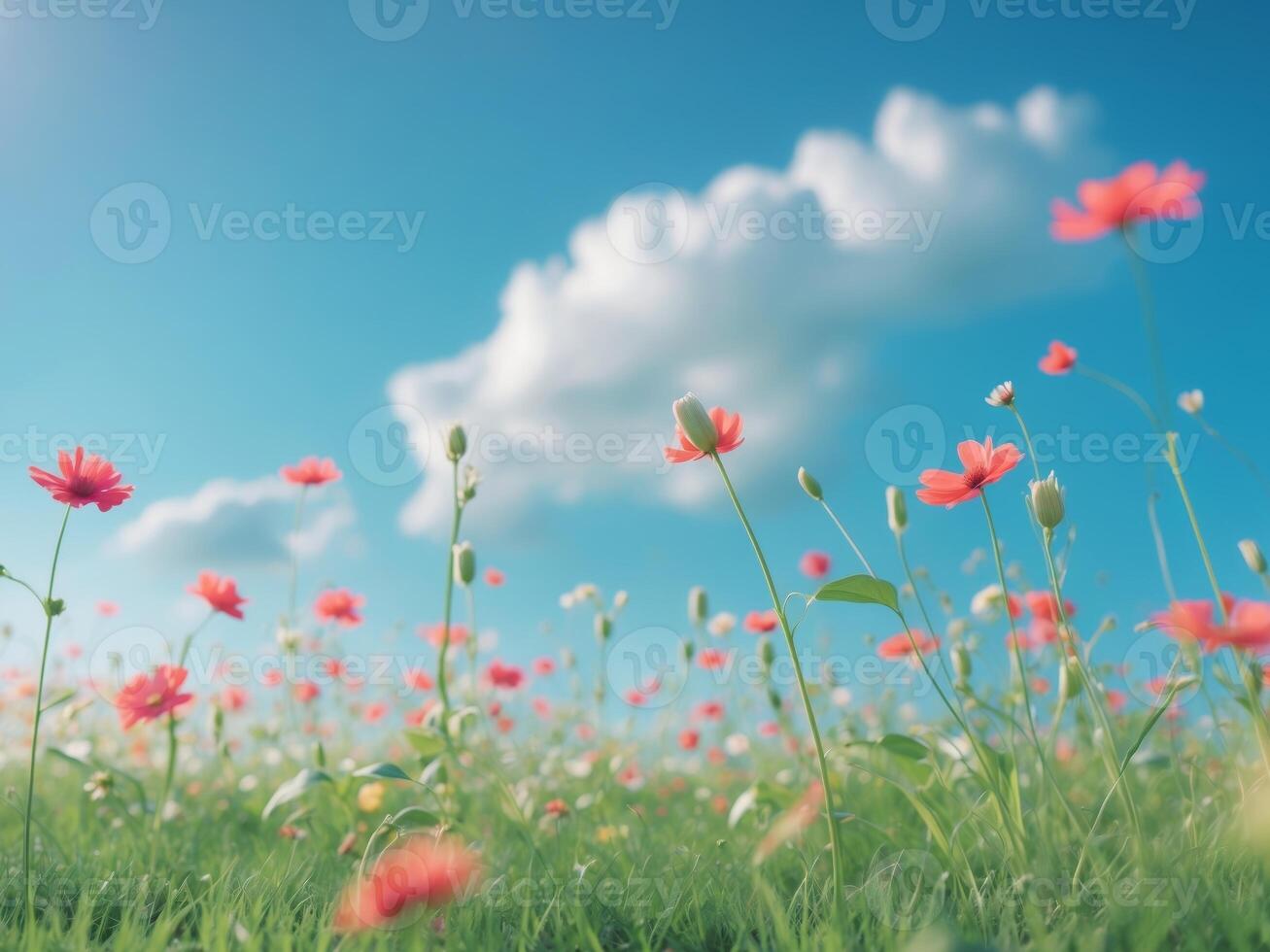 Bright and Cheerful Flower Field with Blue Sky and Fresh Green Grass Background. photo