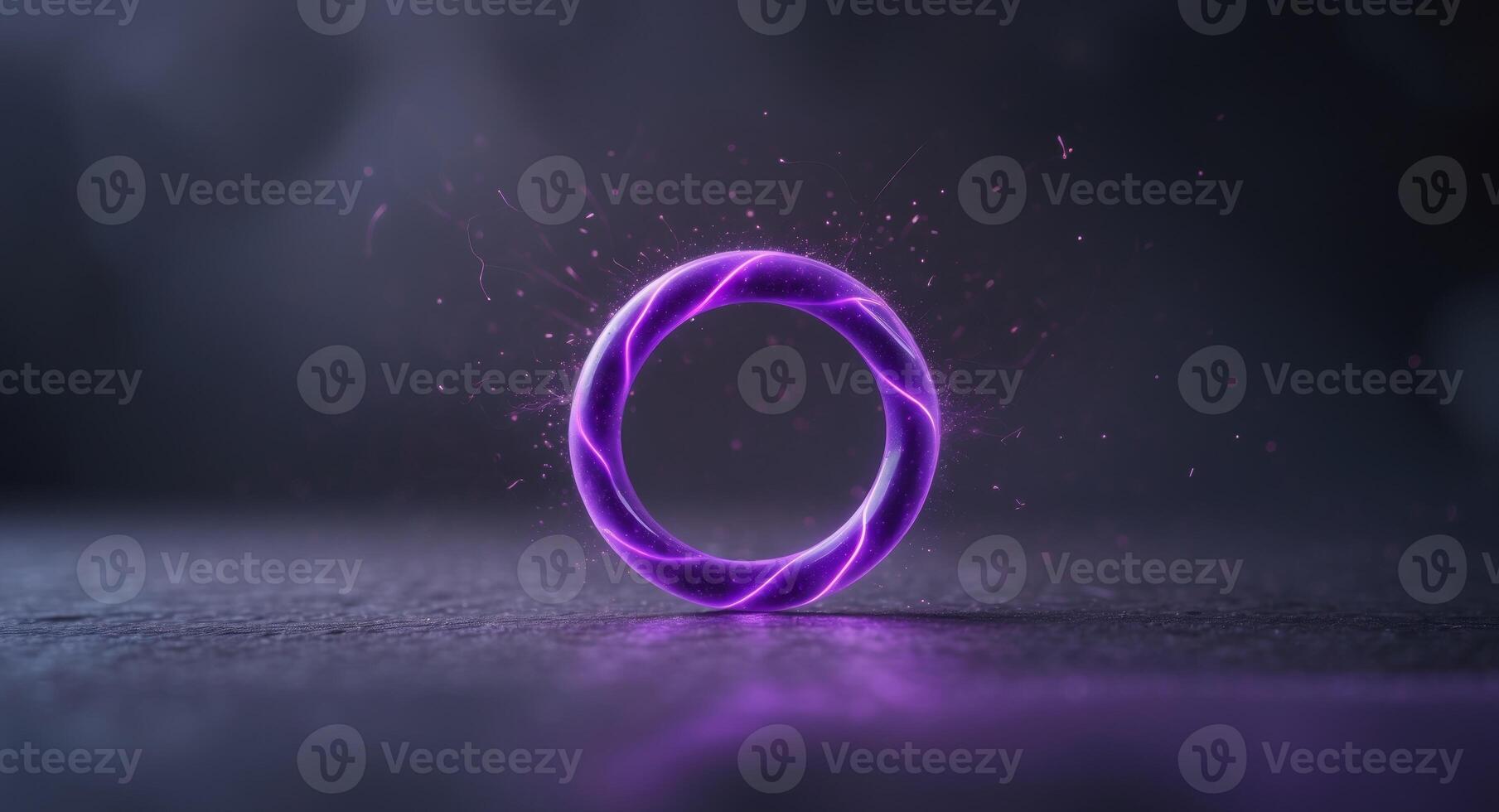 A ring of purple neon energy waves on a dark background with magical sparks. photo