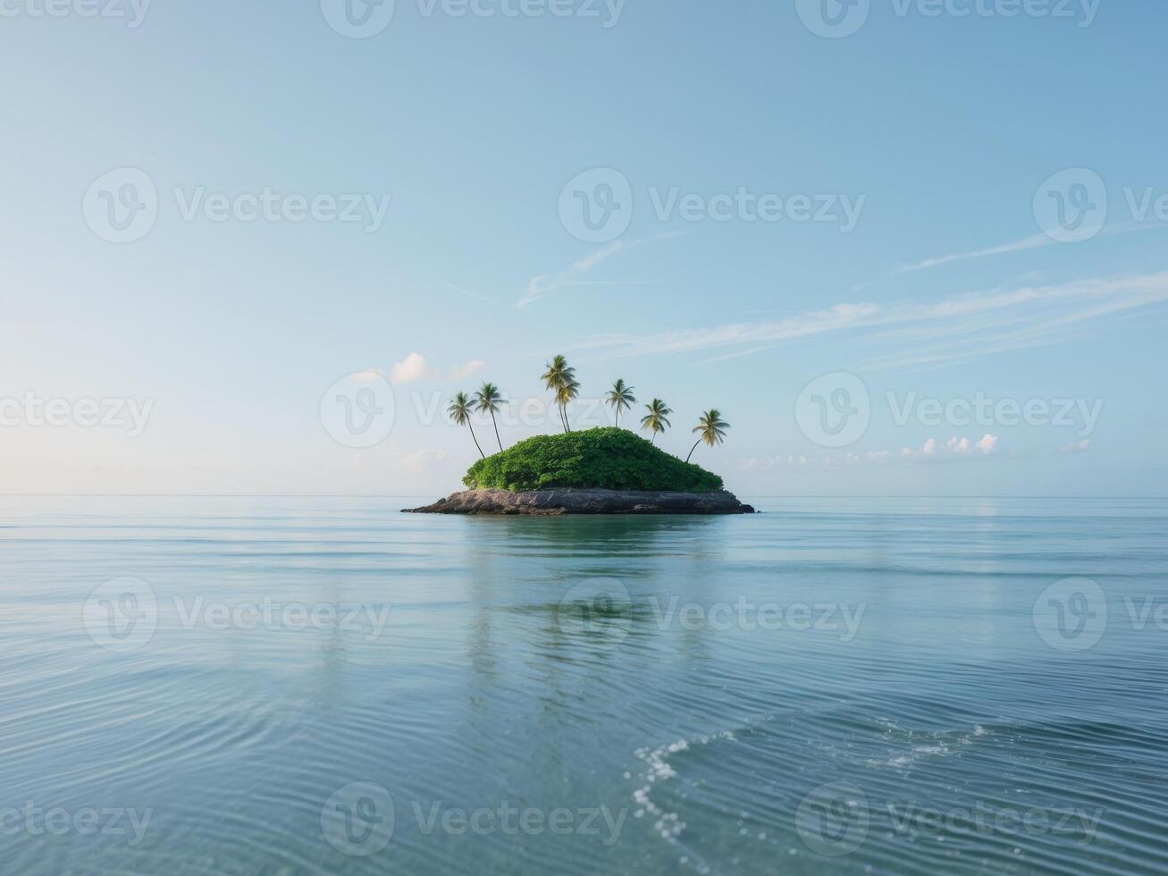 A blue ocean with a small island in the middle photo