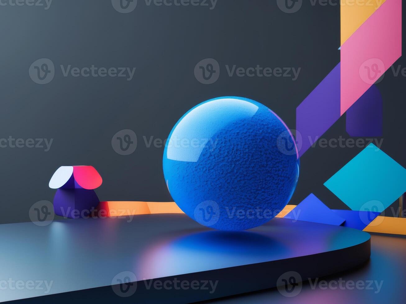 Vibrant abstract composition featuring geometric shapes and a colorful sphere on a smooth surface photo