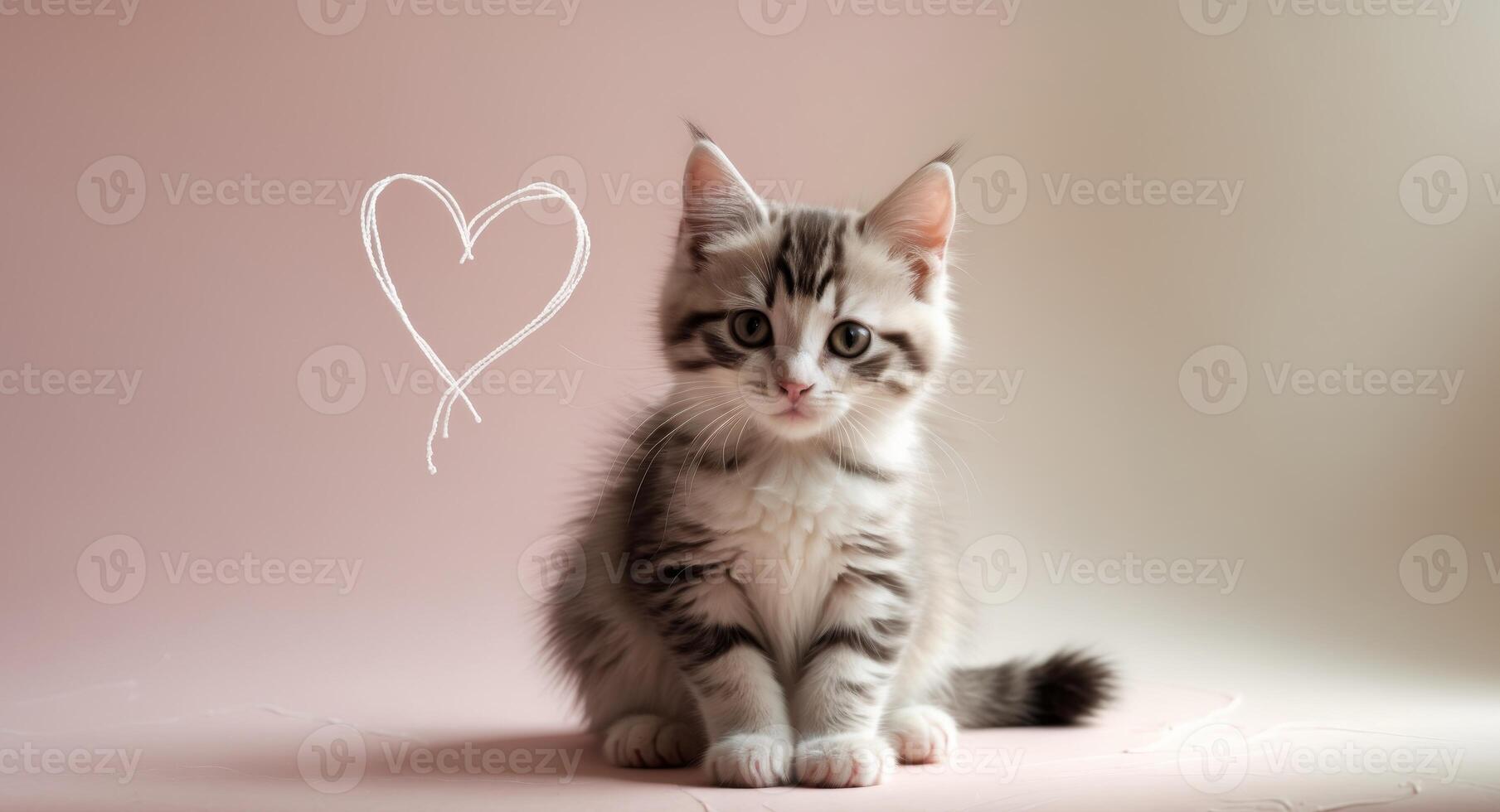 a cute striped kitten with a heart between its legs in the left corner on an empty pink background. photo