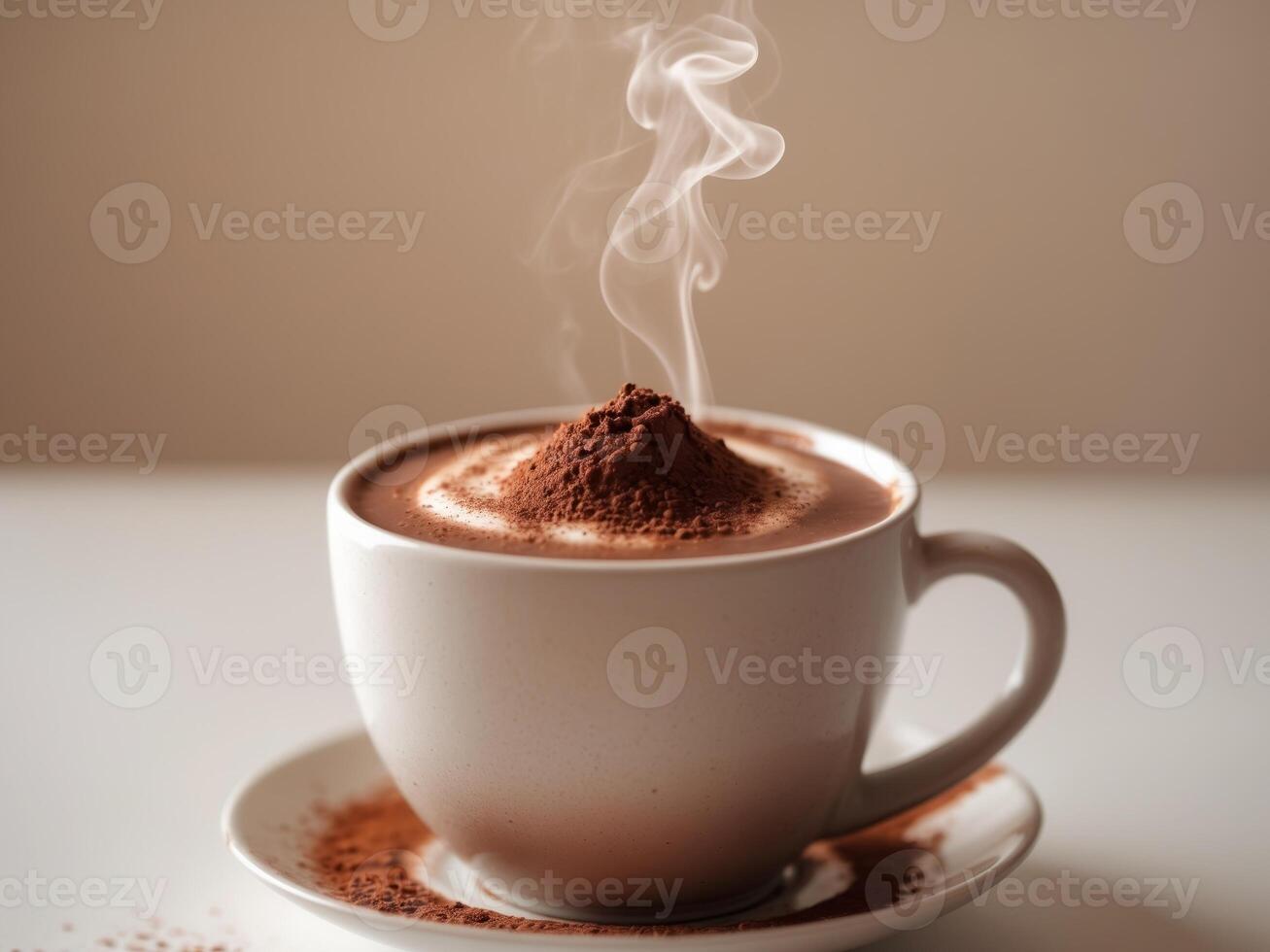 Steaming Cup of Hot Chocolate and Cocoa Powder. photo