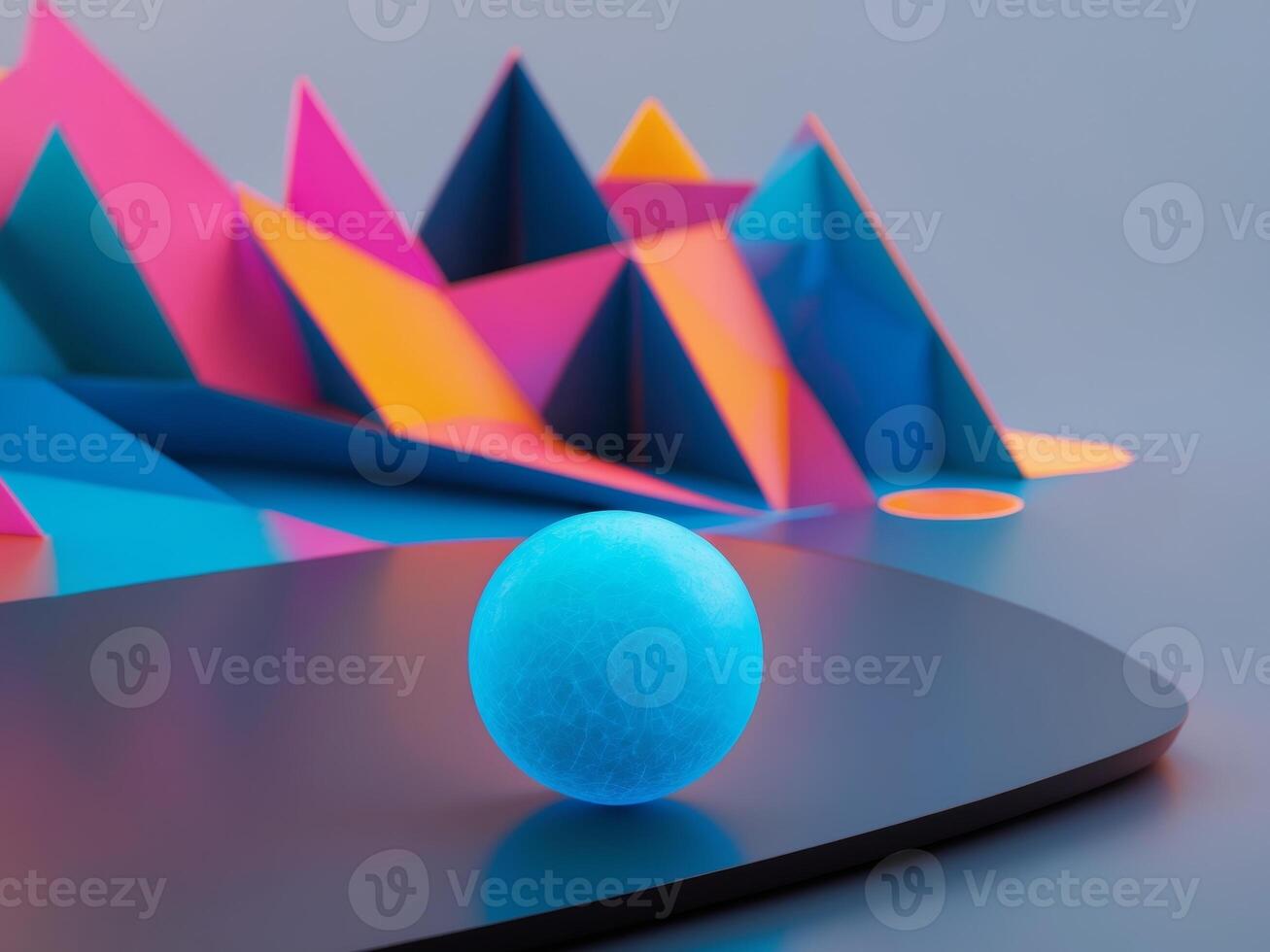 Vibrant abstract composition featuring geometric shapes and a colorful sphere on a smooth surface. photo