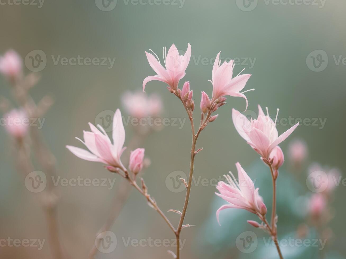 Delicate Pink Flowers Bloom in Soft Green Nature Background photo