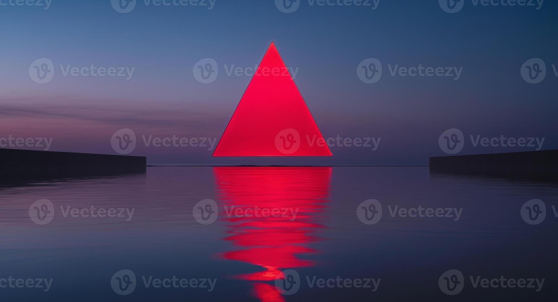 A red triangle is lit up in the sky above a body of water photo
