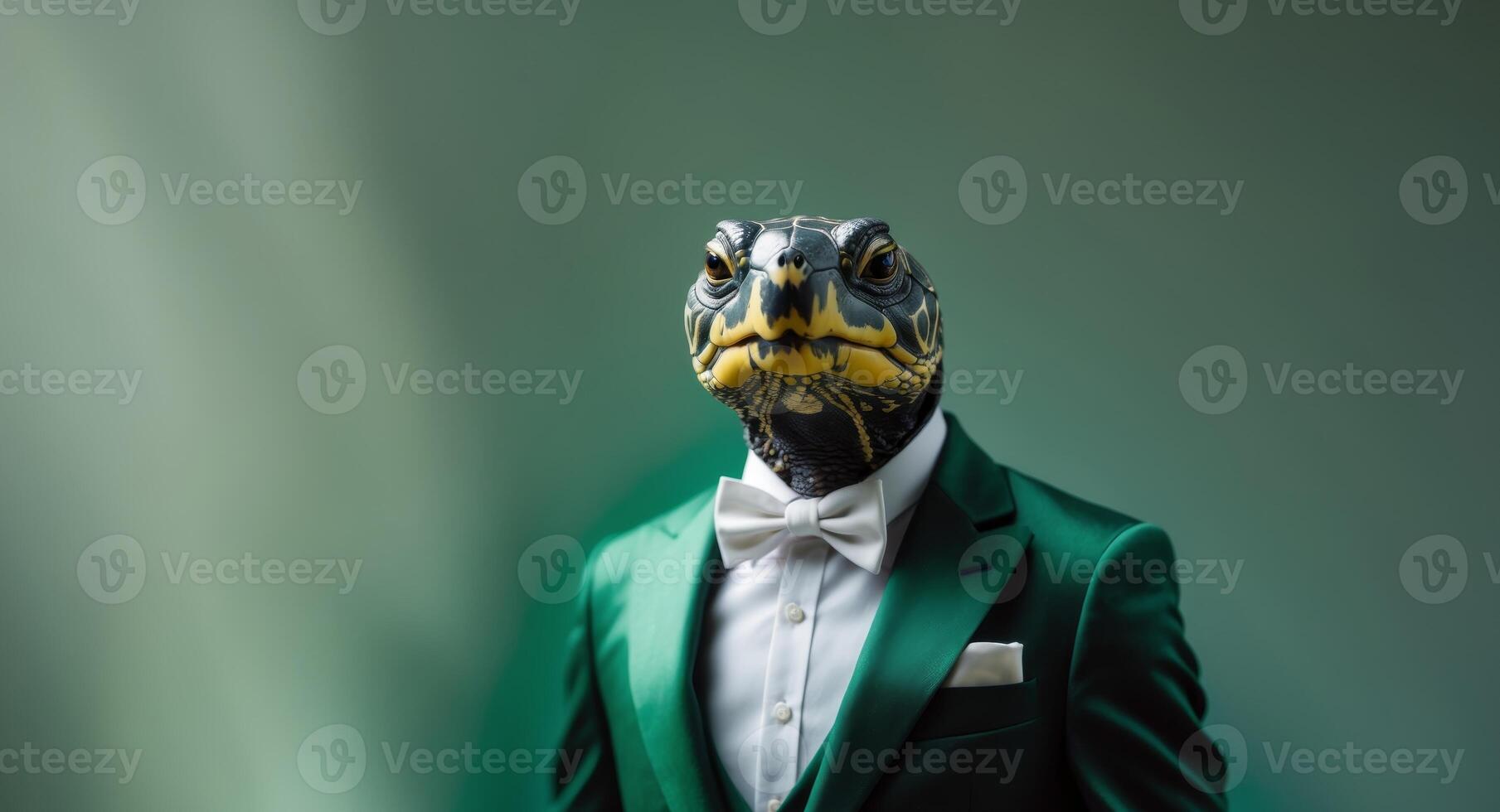 Charming turtle wearing a suit posing on an elegant green background photo