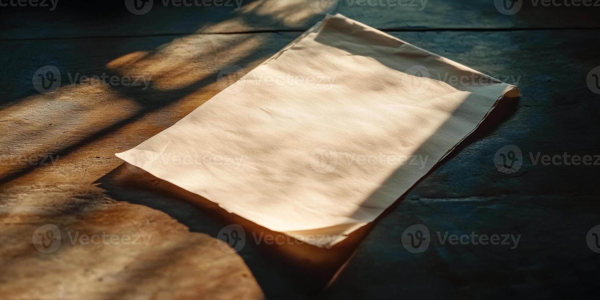 Sunlit Blank Paper on Rustic Wooden Table with Soft Shadows and Warm Tones photo