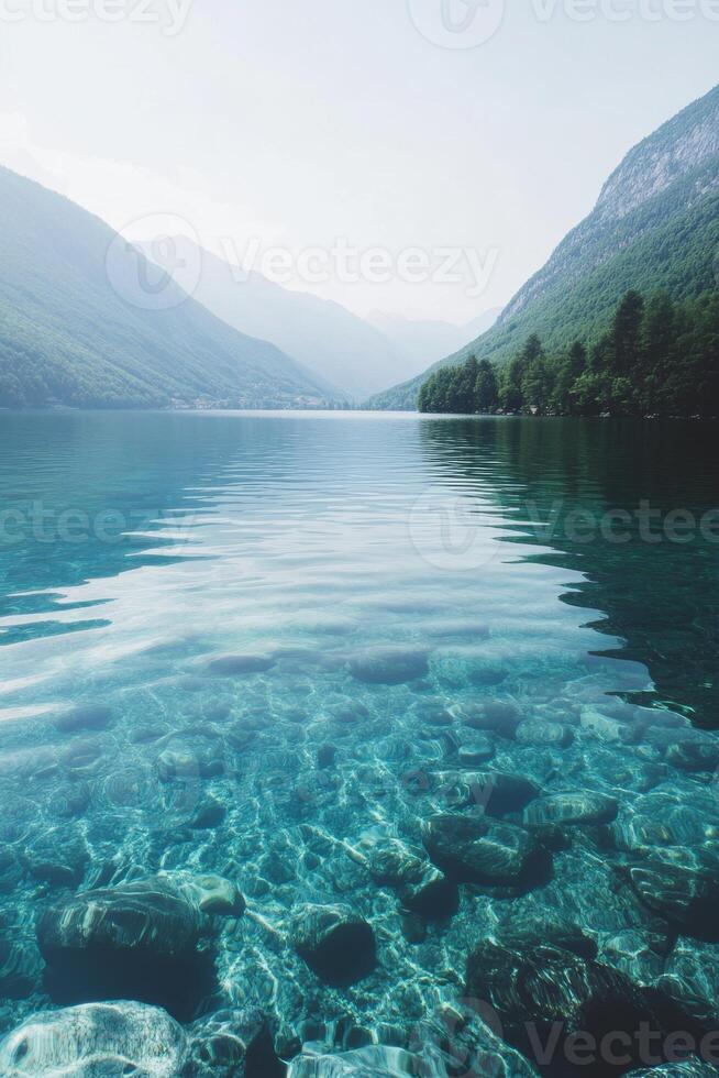 A body of water with a rocky shoreline photo