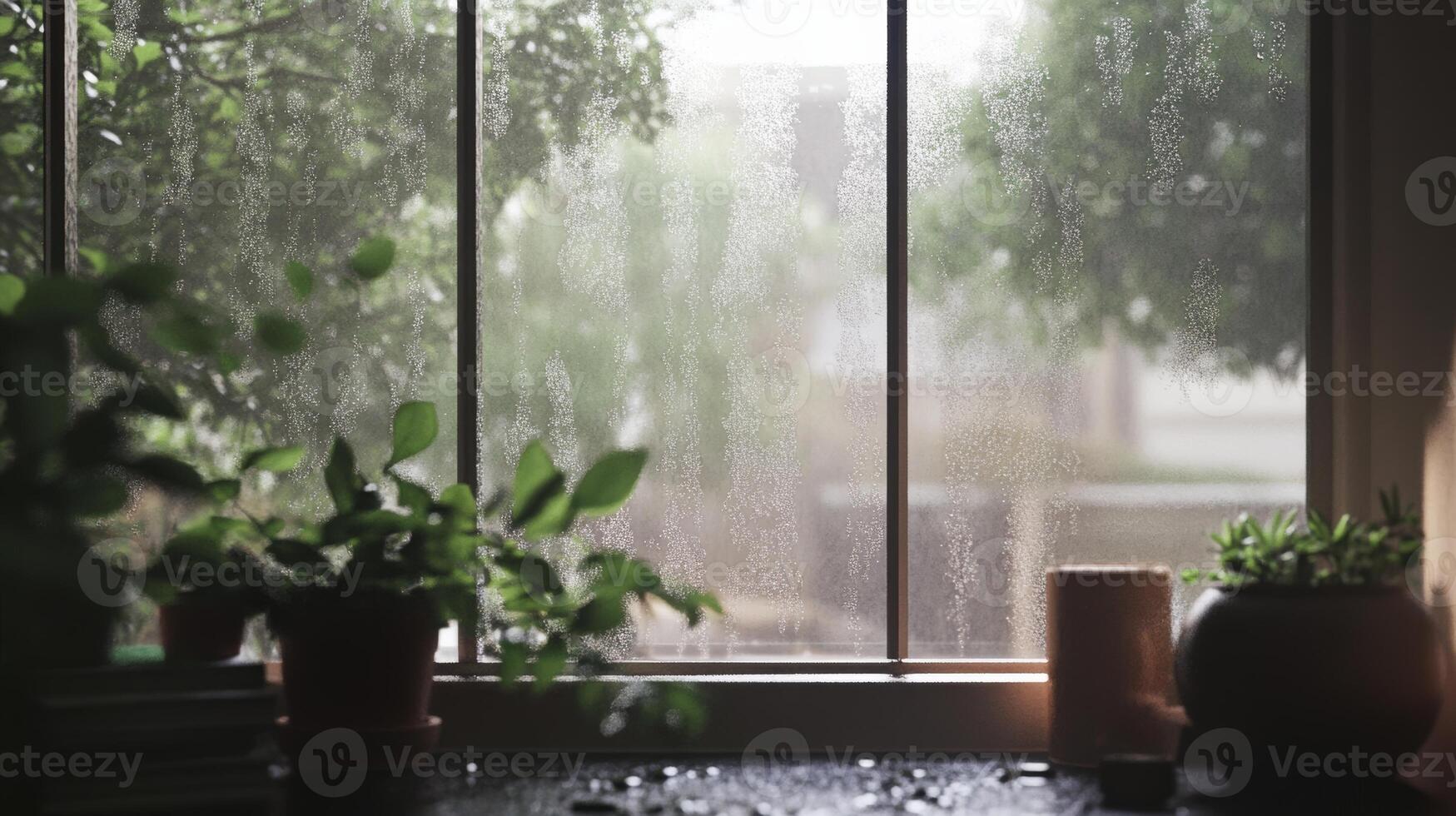 A window with raindrops on it and a potted plant on the windowsill photo
