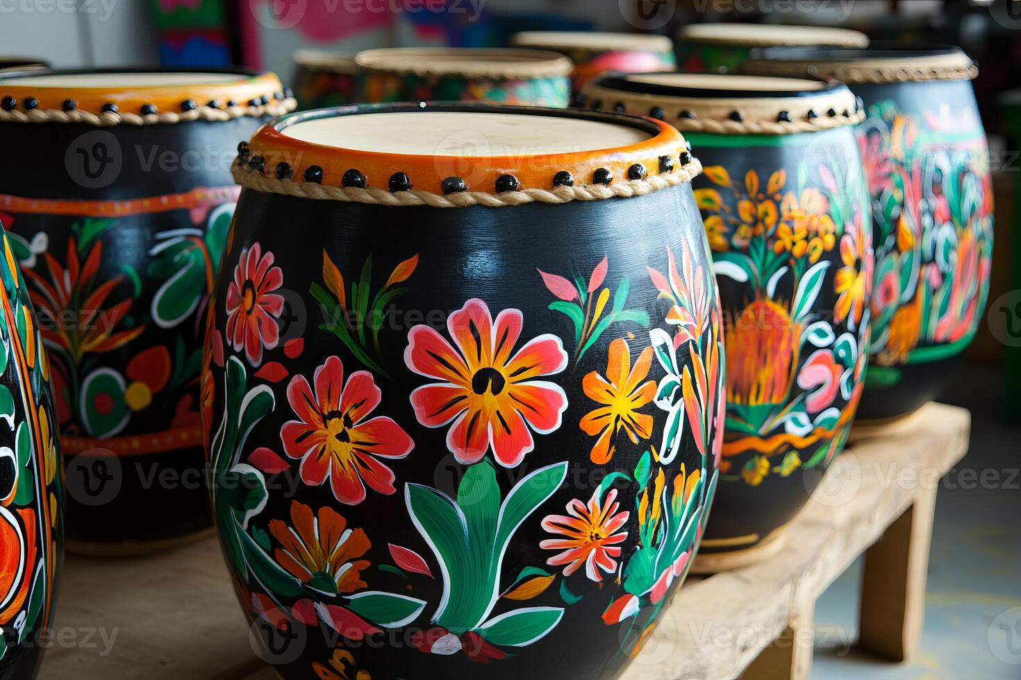A row of colorful vases with flowers painted on them photo
