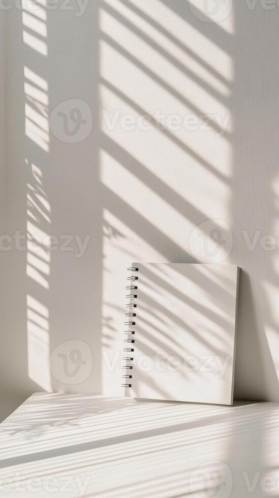 A white notebook sits on a table in front of a window photo