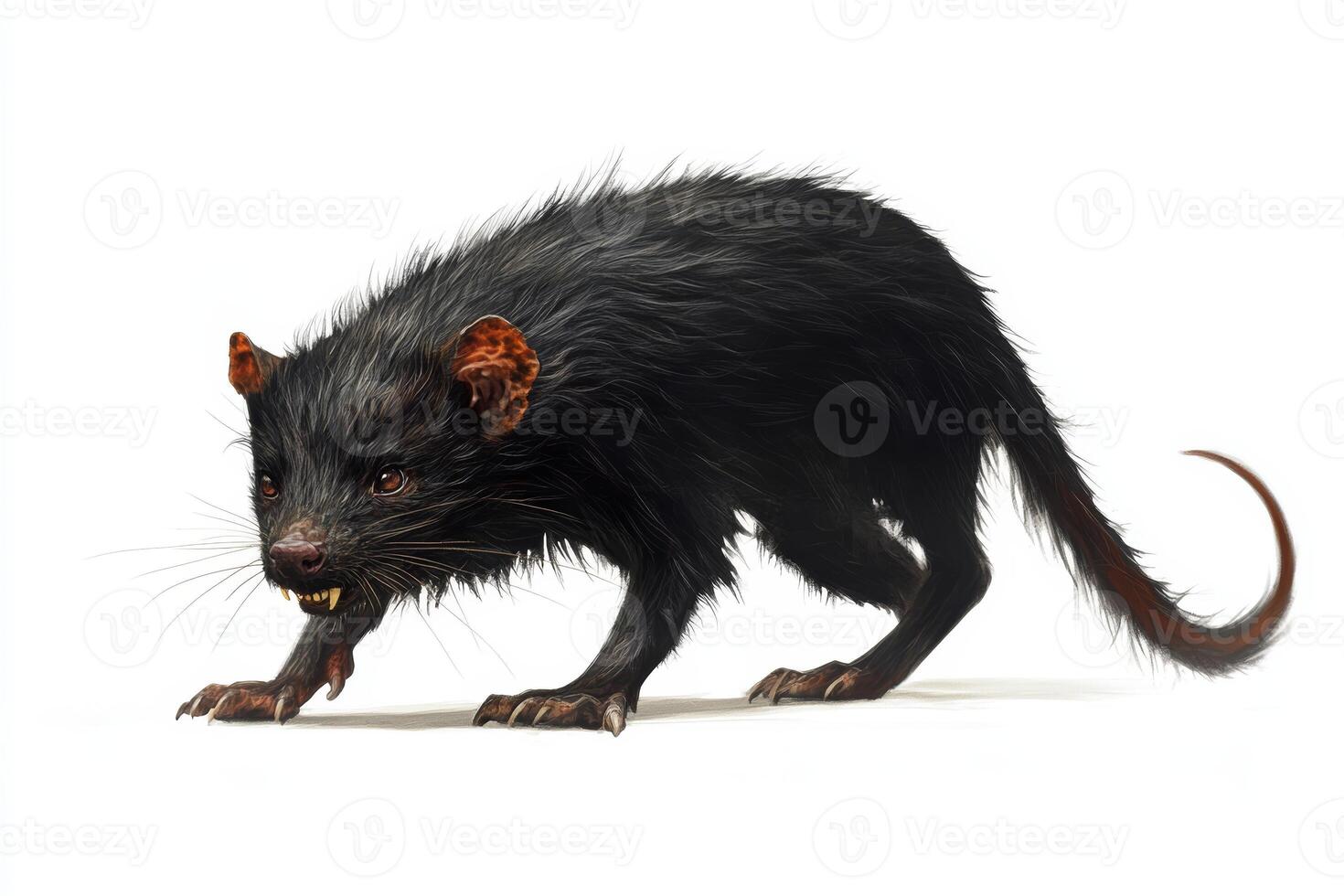 A black rodent with a long tail and red ears photo