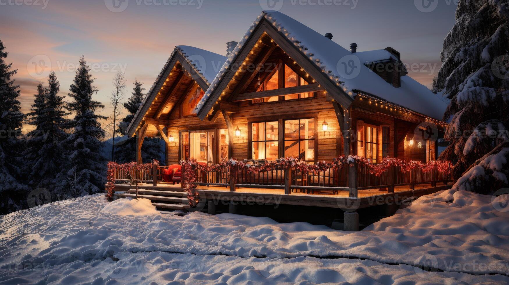 A cozy log cabin with a Christmas tree on the porch photo