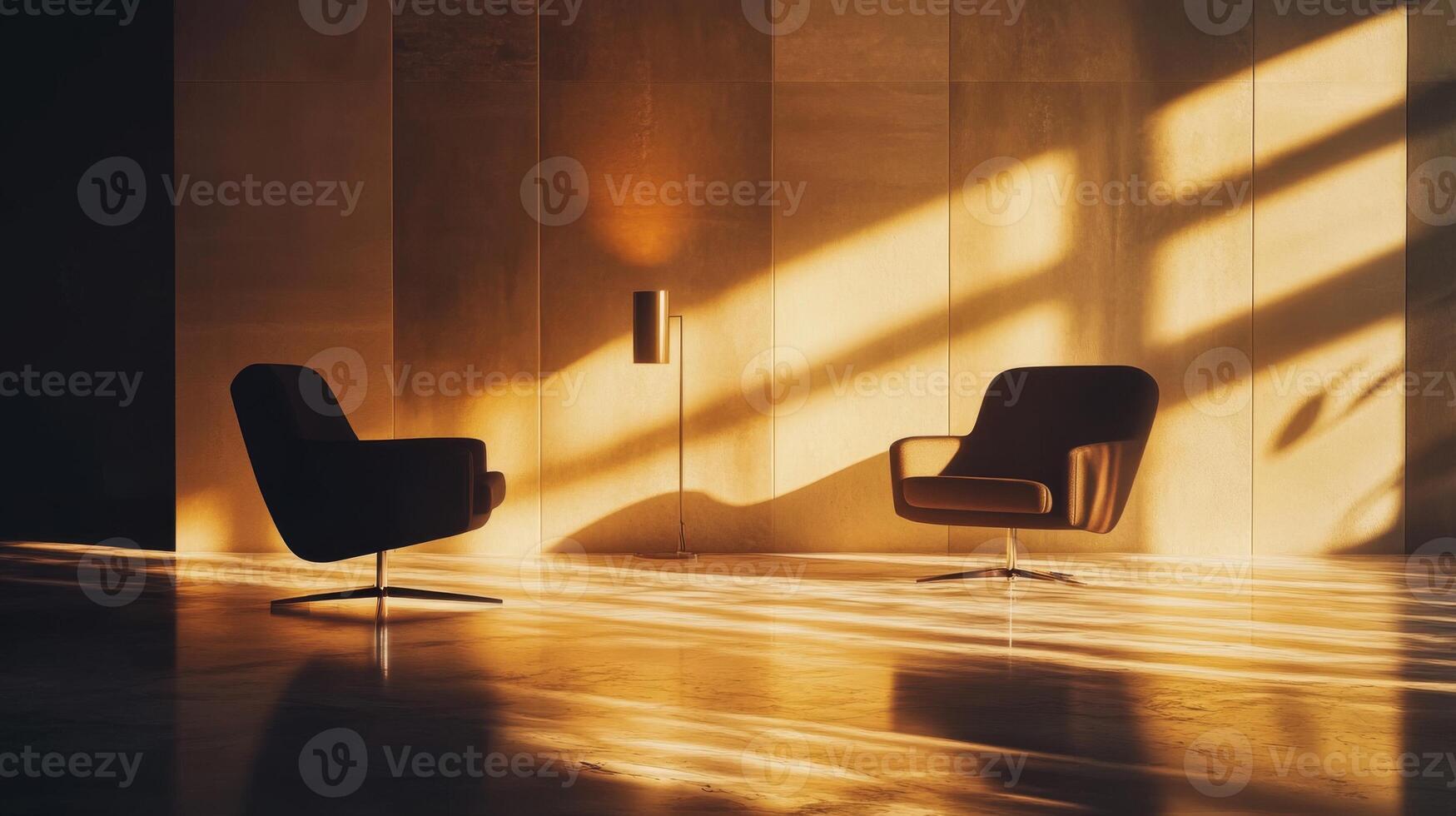 Modern Minimalist Interior with Stylish Armchairs and Soft Ambient Lighting photo