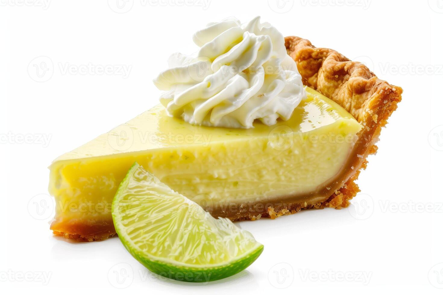 A slice of lemon meringue pie with a wedge of lime on the side photo