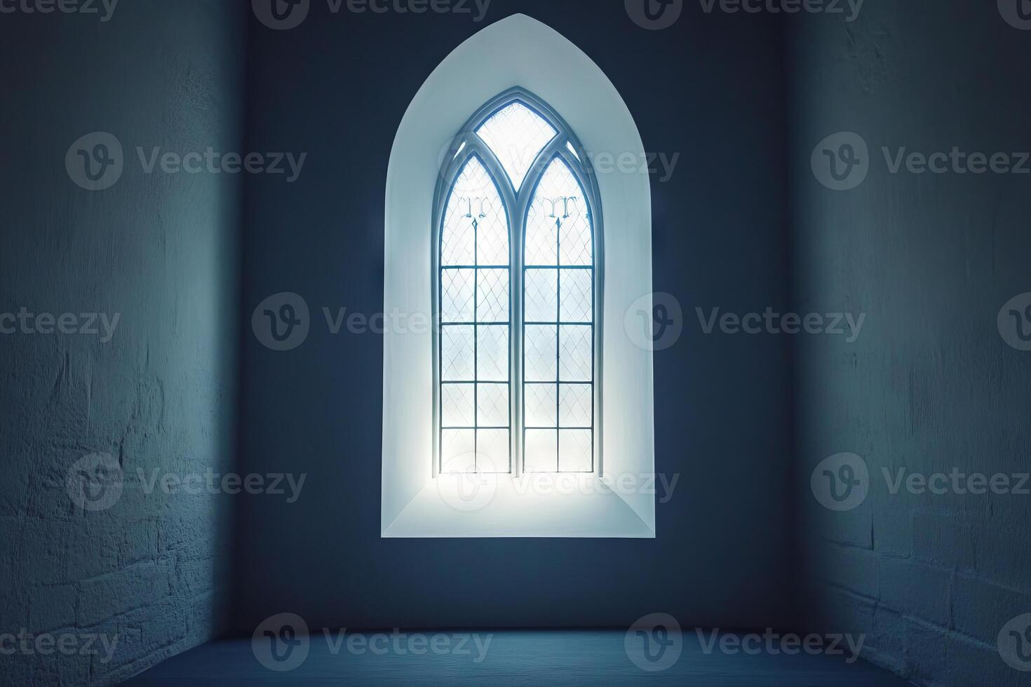 A window in a dark room with a blue wall photo