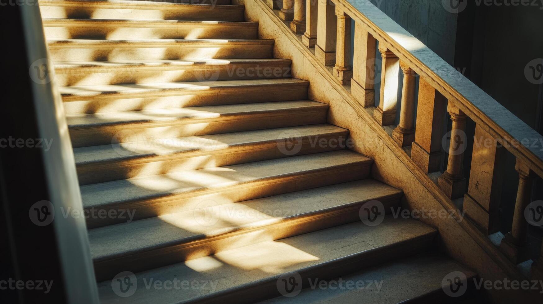 Sunlit Stone Staircase with Elegant Shadows in a Historic Building Interior photo