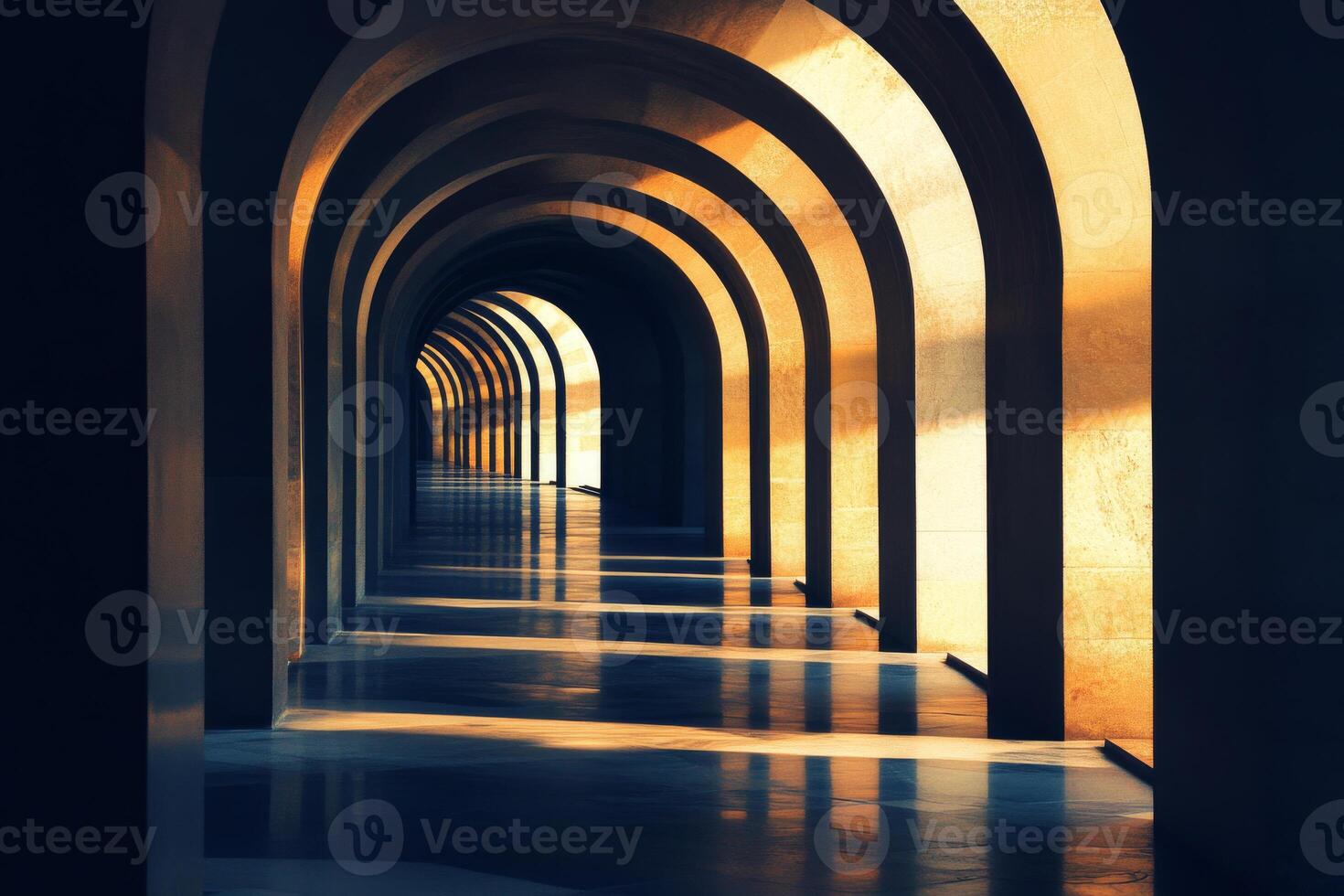 Sunlit Architectural Corridor with Arched Shadows photo