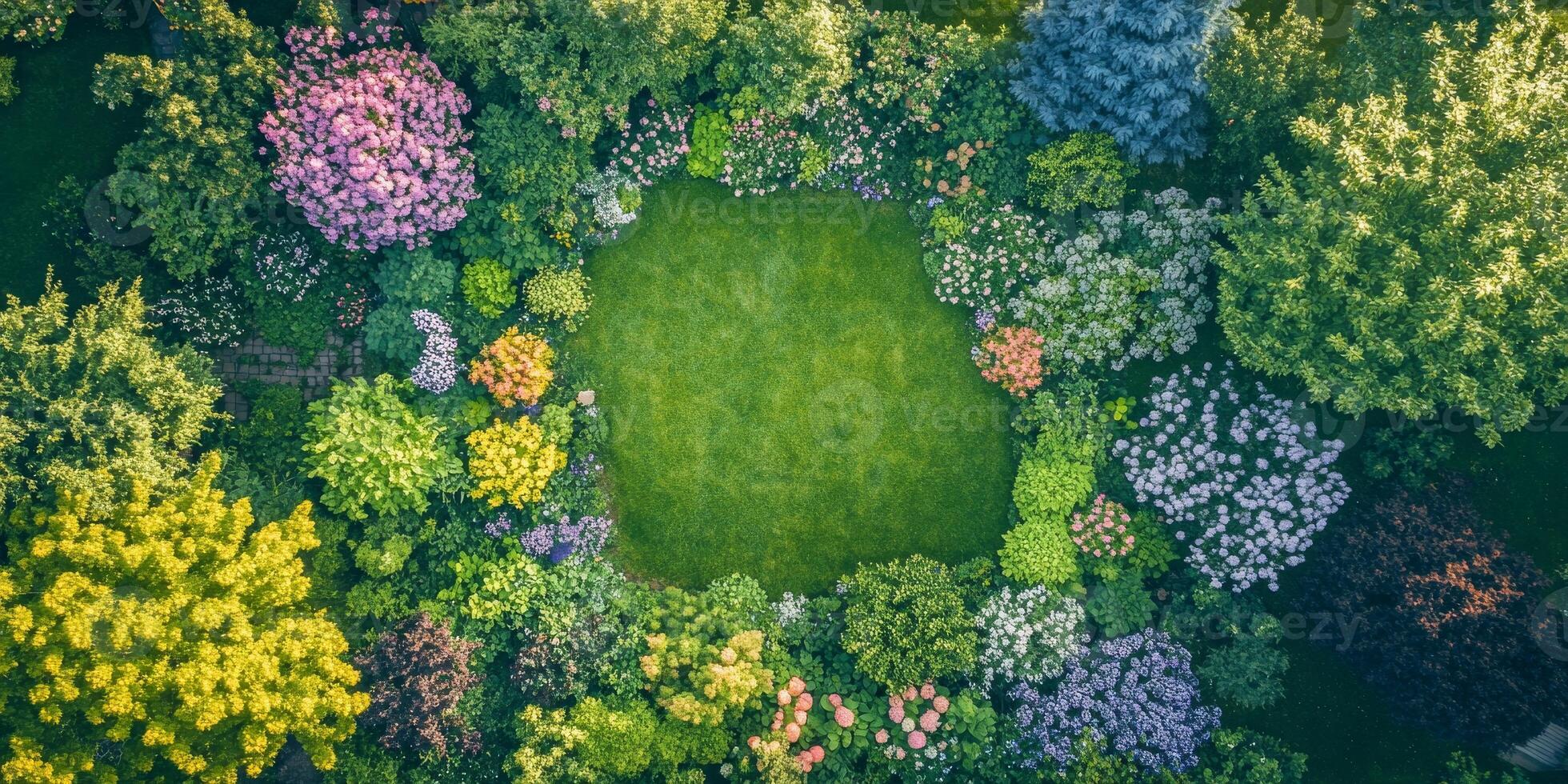 A large circle of grass surrounded by trees photo