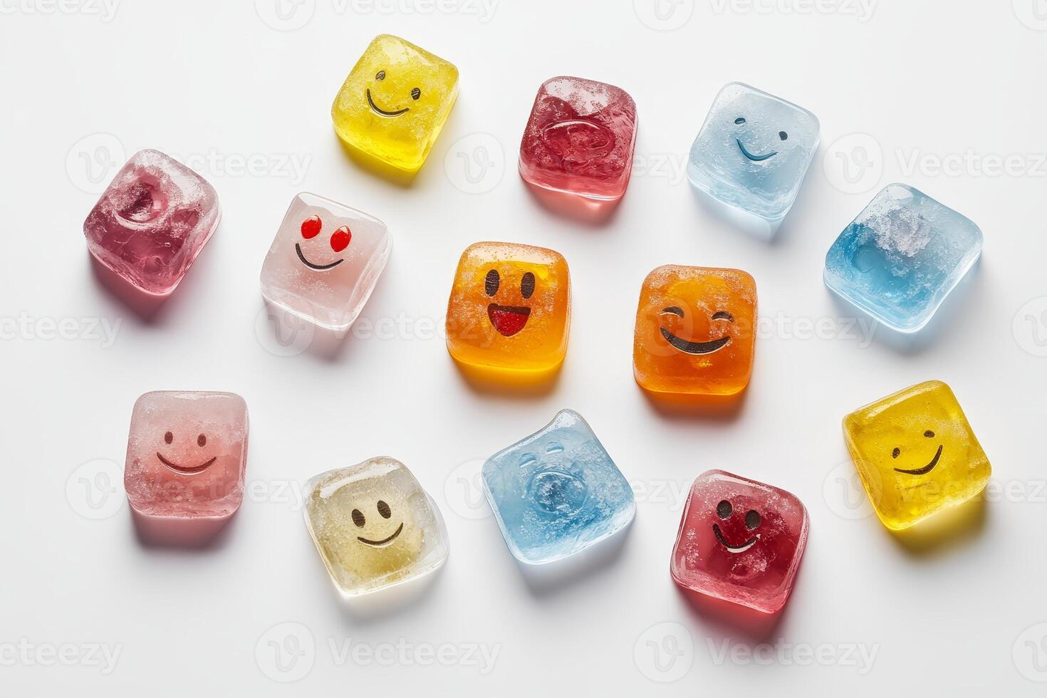 A row of ice cubes with faces on them photo