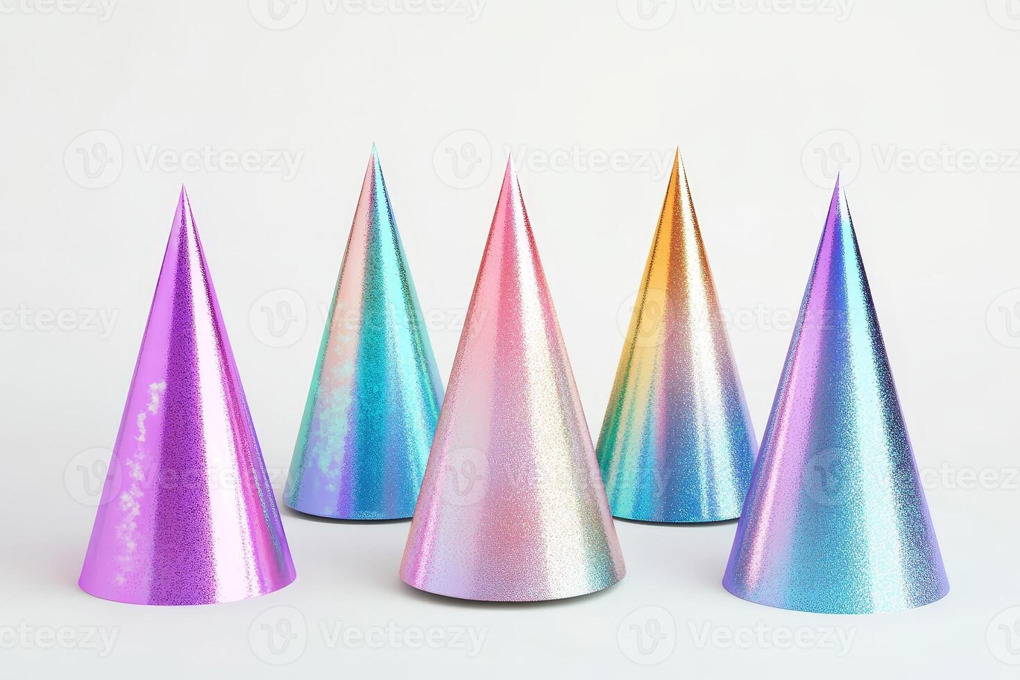 Colorful Iridescent Party Hats on White Background Perfect for Celebrations and Festive Occasions photo