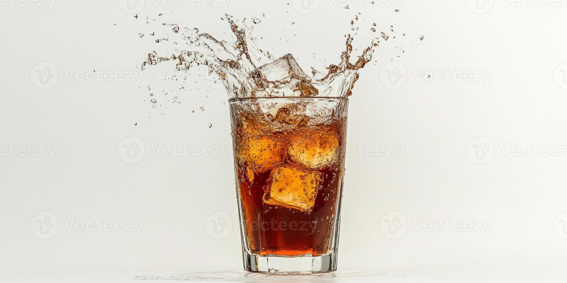 A glass of soda with ice cubes in it is splashing water all over the table photo
