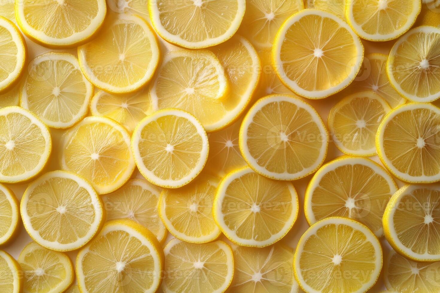A close up of many slices of lemon arranged in a pattern photo