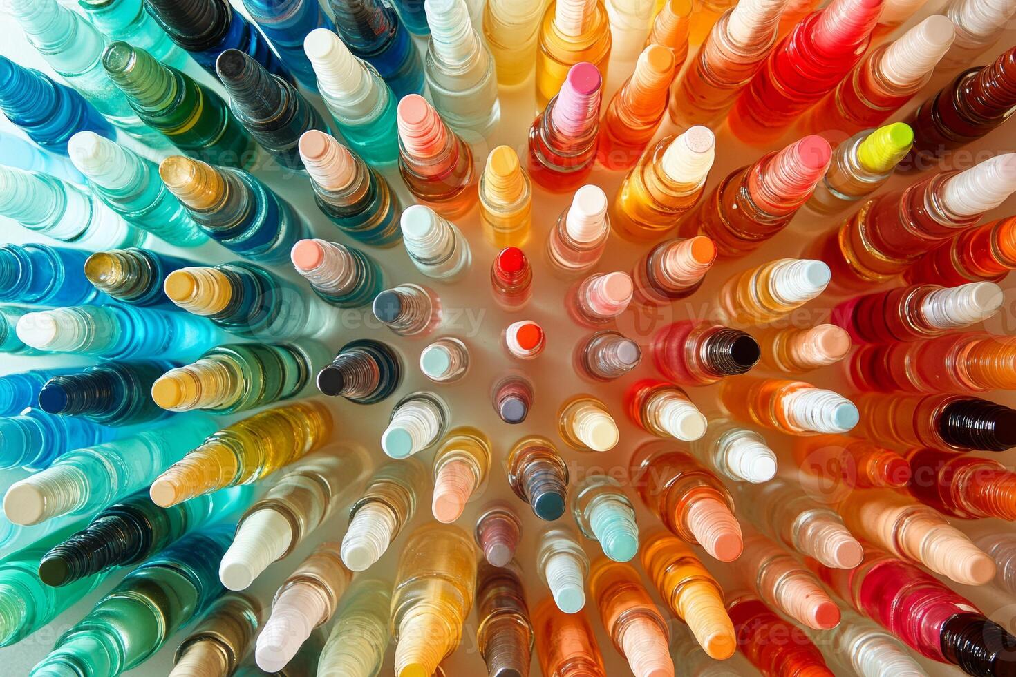 A row of colorful bottles with a rainbow pattern photo
