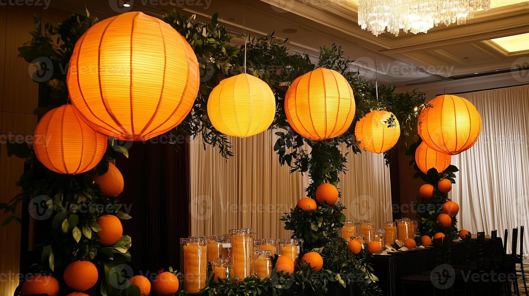 A room with a large number of orange lanterns hanging from the ceiling photo