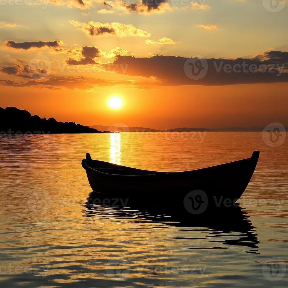 A boat is floating on a calm lake at sunset photo