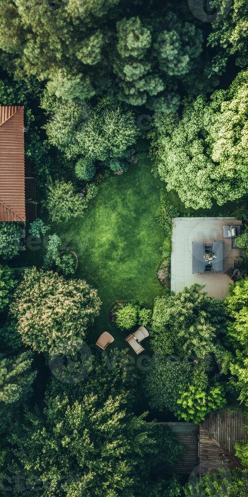 A lush green forest with a house in the background photo