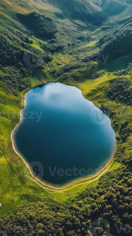 A large body of water surrounded by trees and mountains photo