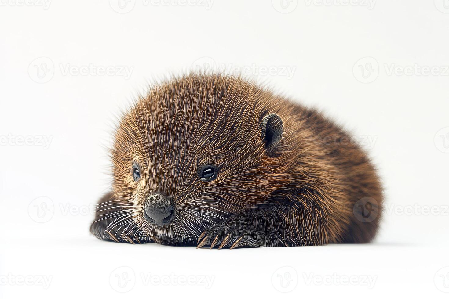A baby bear is laying on its back with its head down photo