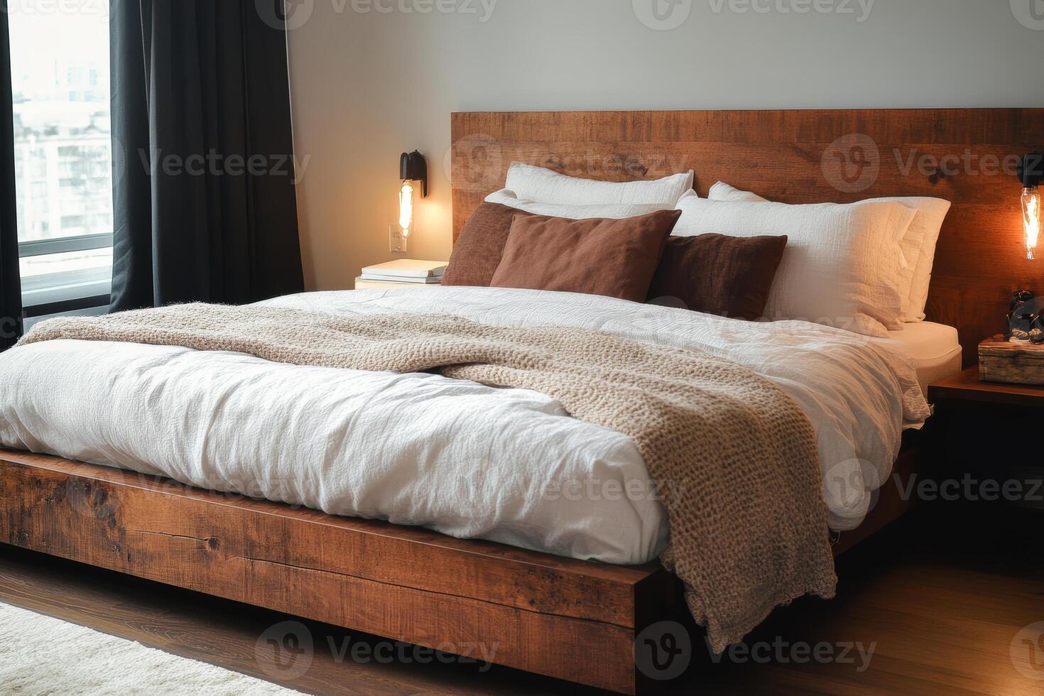 Cozy Modern Bedroom with Wooden Bed Frame and Soft Textiles in Natural Light photo