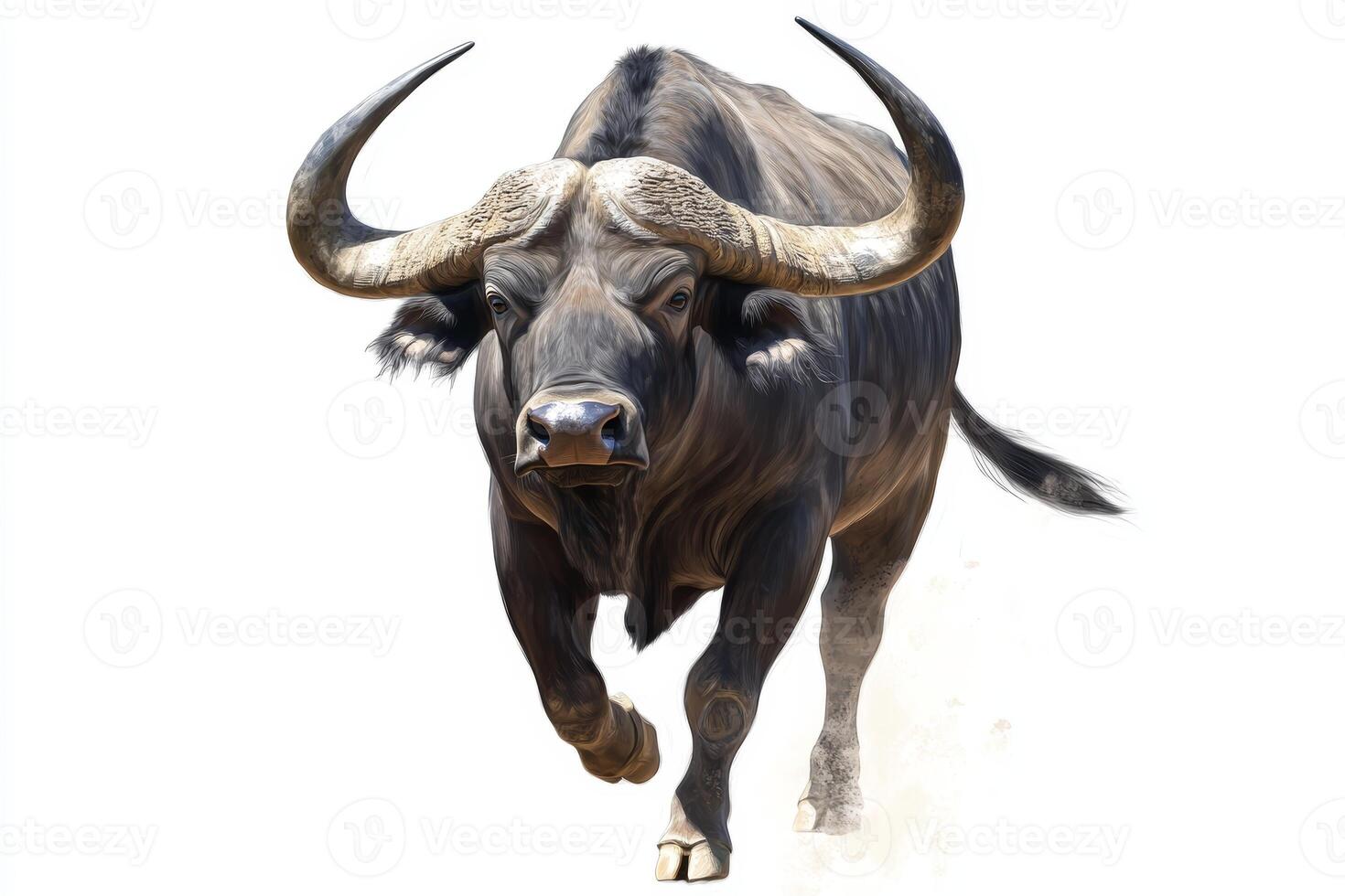 A large black ox with horns is running across a white background photo