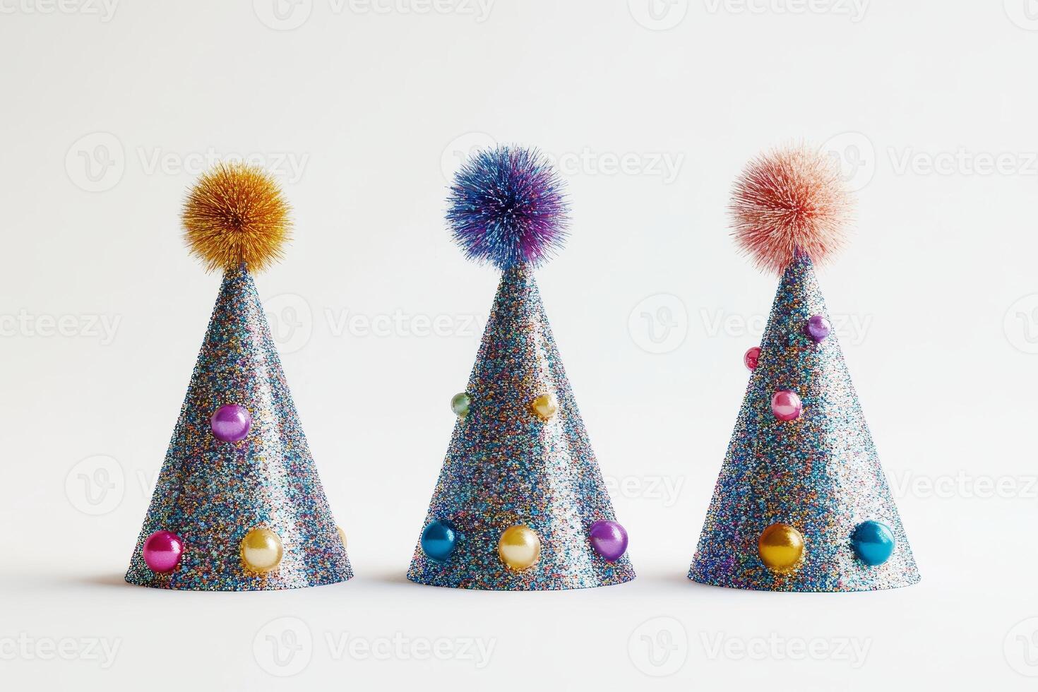 Three party hats with pom poms on top photo