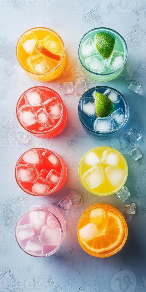 A row of colorful drinks with ice cubes and limes photo
