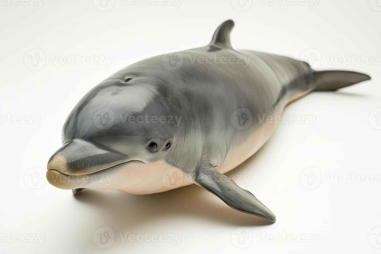 A dolphin is laying on its side on a white background photo