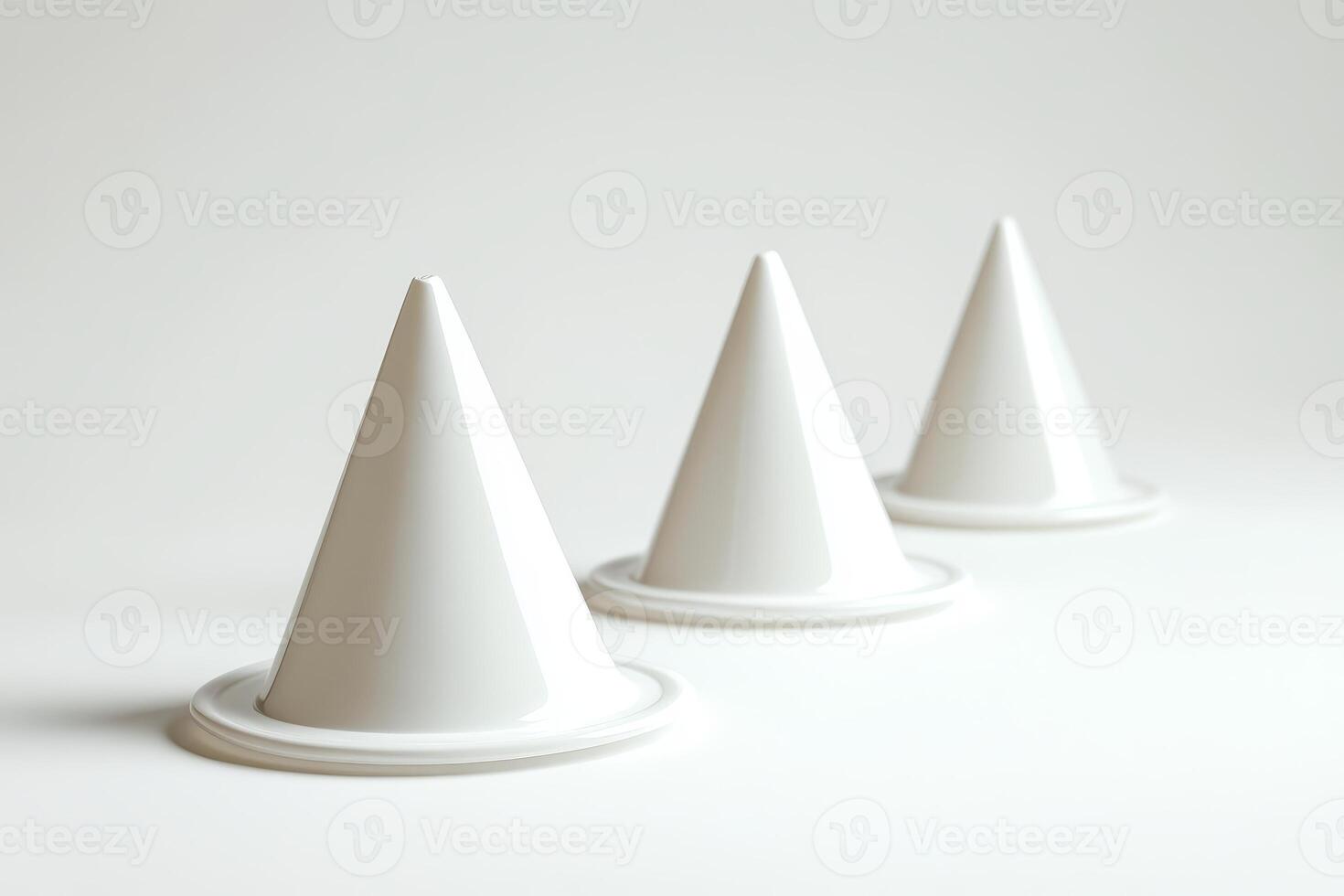 Minimalist Composition of Three White Geometric Cones on a Clean Background photo