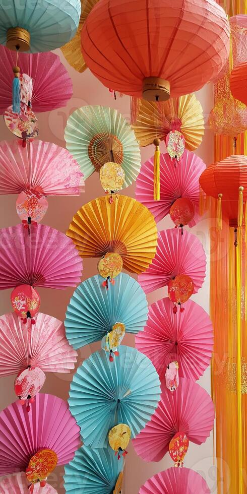 A colorful display of paper fans hang from the ceiling photo