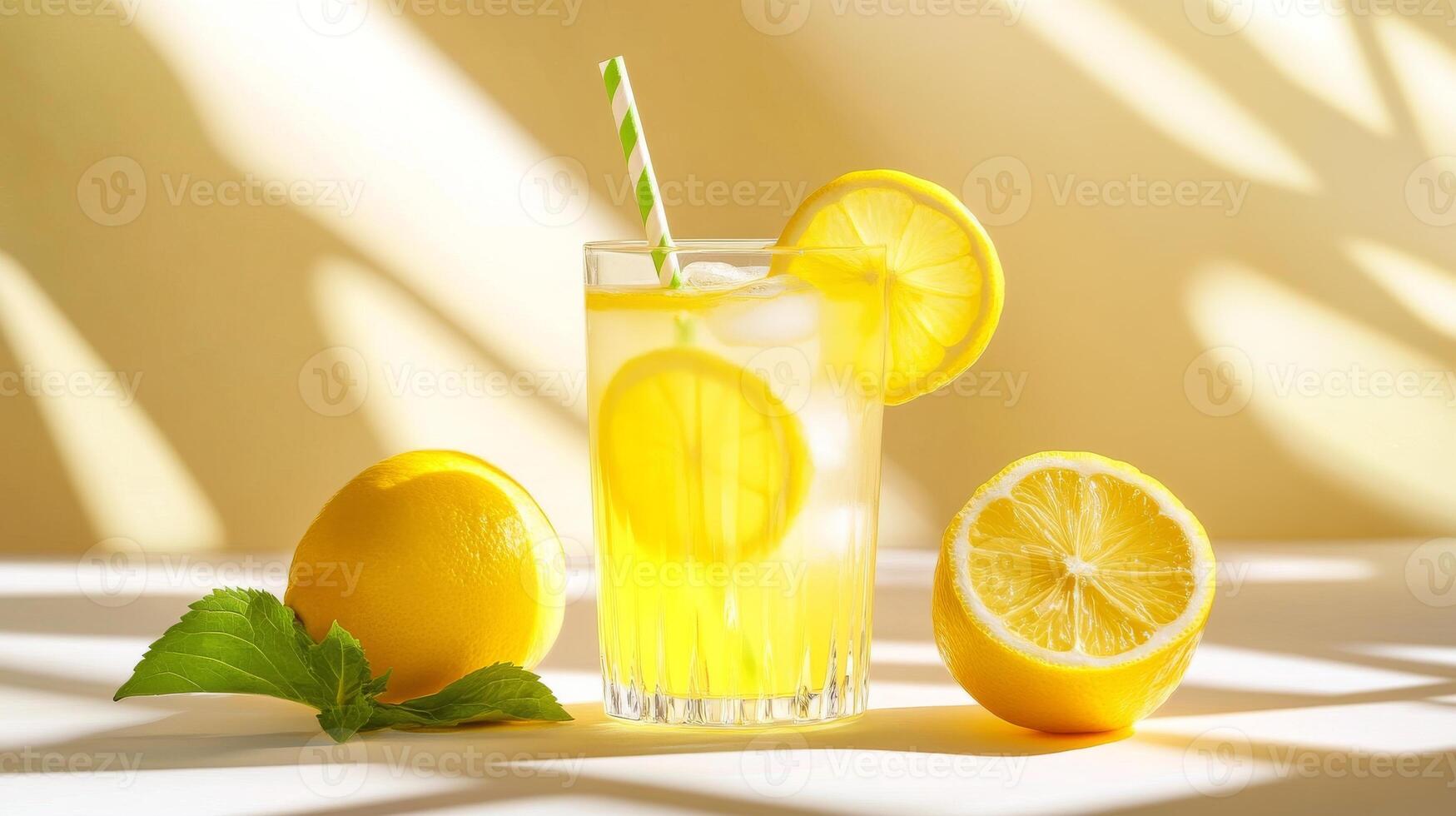 A glass of lemonade with a straw in it and a lemon slice on the side photo